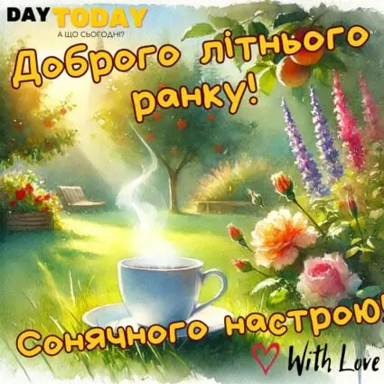 Доброго літнього ранку! Сонячного настрою! картинка з квітами та чашкою кави у саду, тепла листівка | Вітальна листівка - Доброго ранку - Добрий день - Теплі листівки
