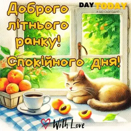 Доброго літнього ранку! Спокійного дня! картинка з котиком, персиками та чашкою чаю або кави, тепла листівка | Вітальна листівка - Доброго ранку - Добрий день - Теплі листівки