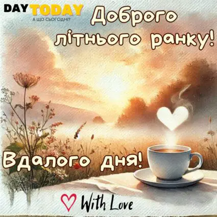 Доброго літнього ранку! Вдалого дня картинка зі світанком та чашкою кави або чаю тепла листівка | Вітальна листівка - Доброго ранку - Добрий день - Теплі листівки