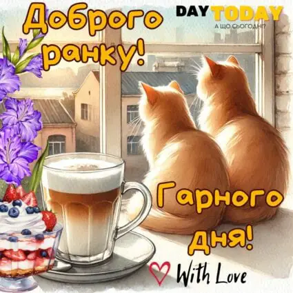 Доброго ранку! Гарного дня! картинка з котиками та чашкою кави тепла листівка | Вітальна листівка - Доброго ранку - Добрий день - Теплі листівки