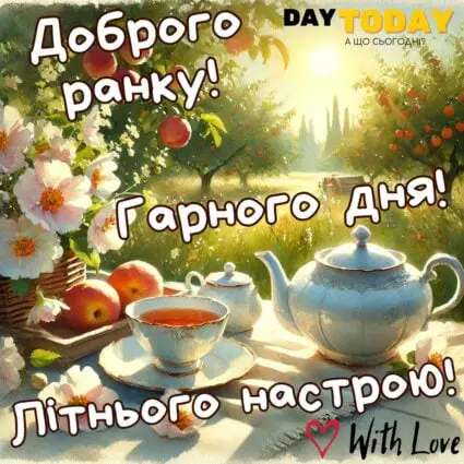 Доброго ранку! Гарного дня! Літнього настрою! картинка з квітами та чашкою чаю у саду, тепла листівка | Вітальна листівка - Доброго ранку - Добрий день - Теплі листівки