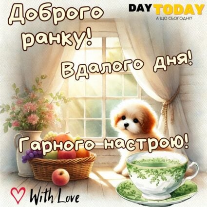 Доброго ранку! Вдалого дня! картинка з фруктами, собачкою та чашкою чаю тепла листівка | Вітальна листівка - Доброго ранку - Добрий день - Теплі листівки