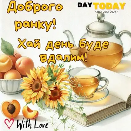 Доброго ранку! картинка з абрикосами та чашкою чаю тепла листівка | Вітальна листівка - Доброго ранку - Добрий день - Теплі листівки