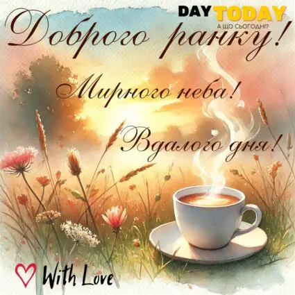 Доброго ранку! Вдалого дня! картинка зв світанком та чашкою кави, тепла листівка | Вітальна листівка - Доброго ранку - Добрий день - Теплі листівки