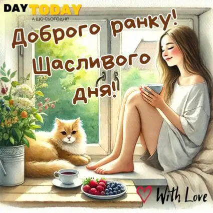 Доброго ранку! Щасливого дня! картинка з котиком, дівчиною та чашкою чаю на підвіконні, тепла листівка | Вітальна листівка - Доброго ранку - Добрий день - Теплі листівки