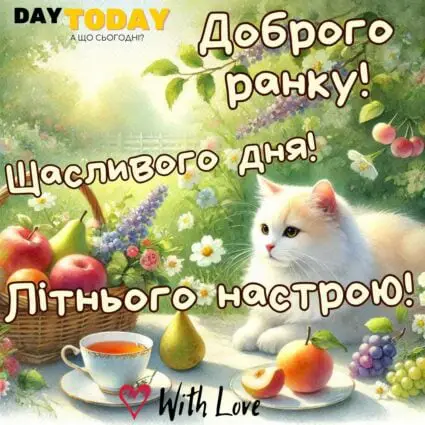 Доброго ранку! Щасливого дня! Літнього настрою! картинка з фруктами, котиком та чашкою чаю тепла листівка | Вітальна листівка - Доброго ранку - Добрий день - Теплі листівки