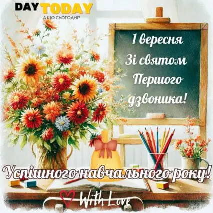 З Днем знань! Зі святом першого дзвоника! Успішного навчального року! тепла листівка з квітами на 1 вересня | Вітальна листівка - Листівка на День знань