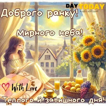 Доброго ранку! Теплого й затишного дня! картинка з фруктами, соняшниками та дівчиною з чашкою кави тепла листівка | Вітальна листівка - Доброго ранку - Добрий день - Теплі листівки