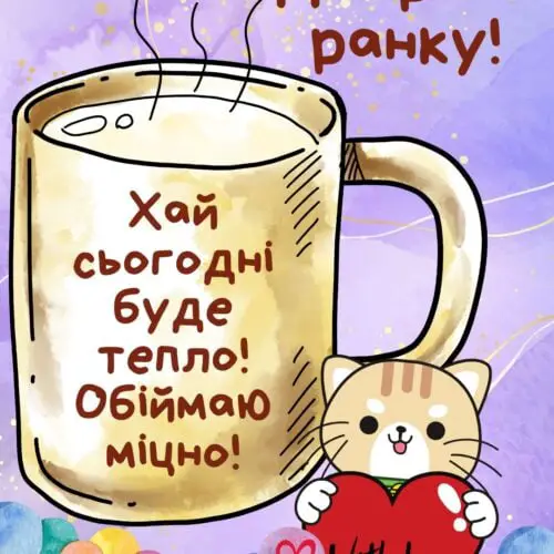Доброго ранку! Хай сьогодні буде тепло! Обіймаю міцно! листівка з чашкою та котиком | Вітальна листівка - Доброго ранку - Добрий день - Теплі листівки