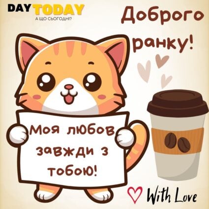 Доброго ранку! Моя любов завжди з тобою! тепла листівка з котиком та запискою | Вітальна листівка - Доброго ранку - Добрий день - Теплі листівки
