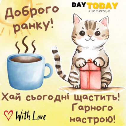 Доброго ранку! Хай сьогодні щастить! Гарного настрою! тепла листівка з котиком та кавою | Вітальна листівка - Доброго ранку - Добрий день - Теплі листівки - Листівка на перший день серпня