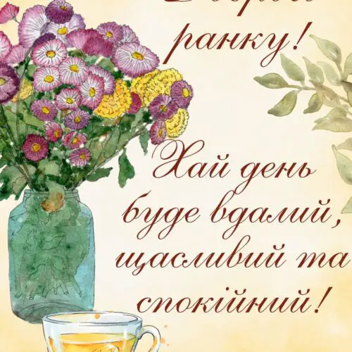 Доброго ранку! Хай день буде вдалий, щасливий та спокійний! листівка з квітами хризантемами | Вітальна листівка - Доброго ранку - Добрий день - Теплі листівки