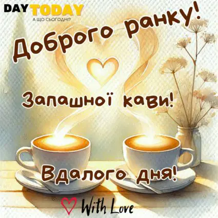 Доброго ранку! тепла листівка з чашками кави, квітами та серденьком | Вітальна листівка - Доброго ранку - Добрий день - Теплі листівки - Листівка на перший день серпня