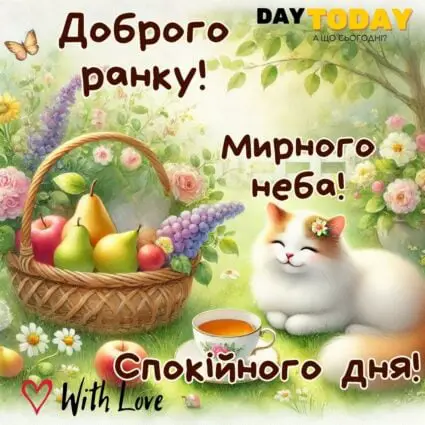 Доброго ранку! Спокійного дня! тепла листівка з чашкою чаю, котиком, квітами та кошиком фруктів | Вітальна листівка - Доброго ранку - Добрий день - Теплі листівки - Листівка на перший день серпня
