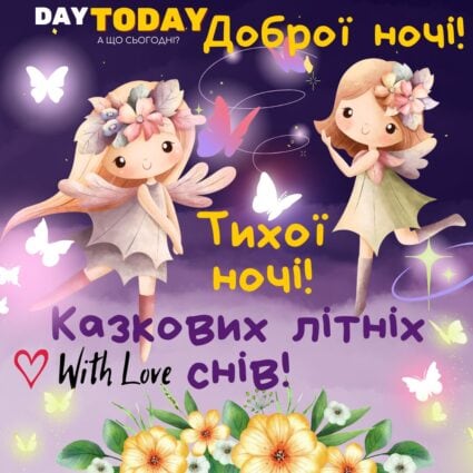 Доброї ночі! Тихої ночі! Казкових літніх снів! картинка з квітами та феями | Вітальна листівка - Доброї ночі - Теплі листівки