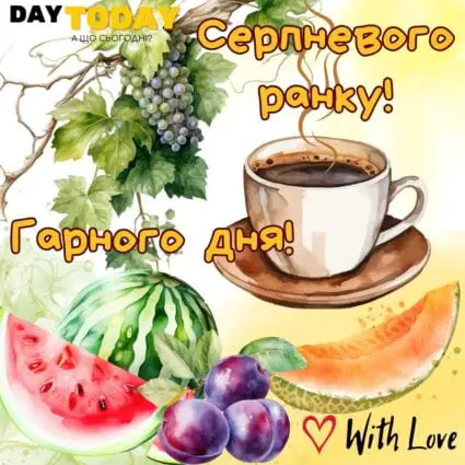 Серпневого ранку! Гарного дня! тепла листівка з чашкою кави та фруктами | Вітальна листівка - Доброго ранку - Добрий день - Теплі листівки - Листівка на перший день серпня