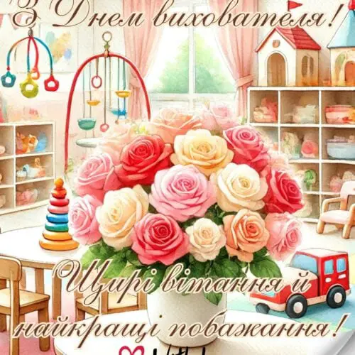 З Днем вихователя! Щирі вітання та найкращі побажання! листівка з квітами вихователю | Вітальна листівка - Листівка на День вихователя
