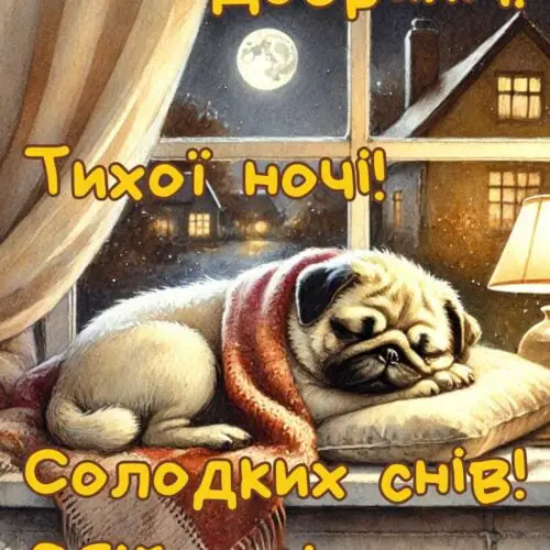 Добраніч! Тихої ночі! Солодких снів! Обіймаю! картинка з мопсиком на підвіконні | Вітальна листівка - Доброї ночі - Теплі листівки