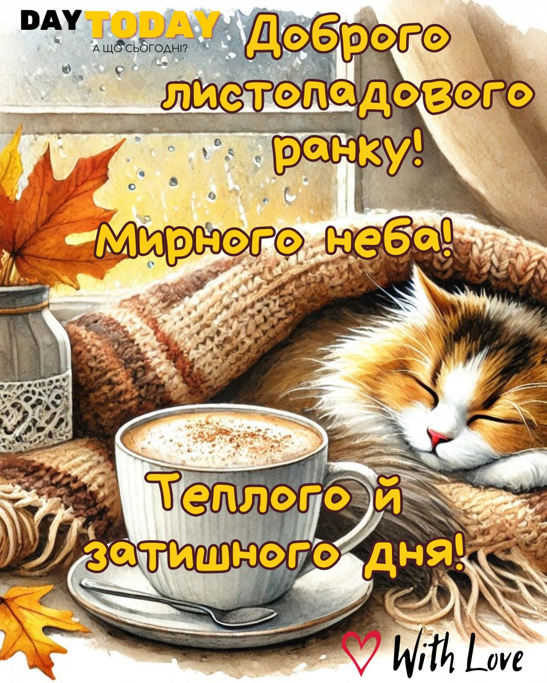 Доброго листопадового ранку! картинка з чашкою кави, котиком та осінніми листочками | Вітальна листівка - Доброго ранку - Добрий день - Теплі листівки - Осіння листівка - Листівка на перший день листопада