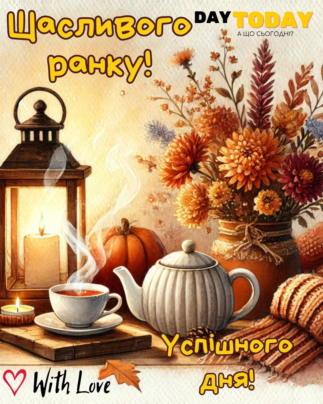 Доброго ранку! Щасливого ранку! Успішного дня! картинка з чашкою, свічкою та осінніми листочками | Вітальна листівка - Доброго ранку - Добрий день - Теплі листівки - Осіння листівка