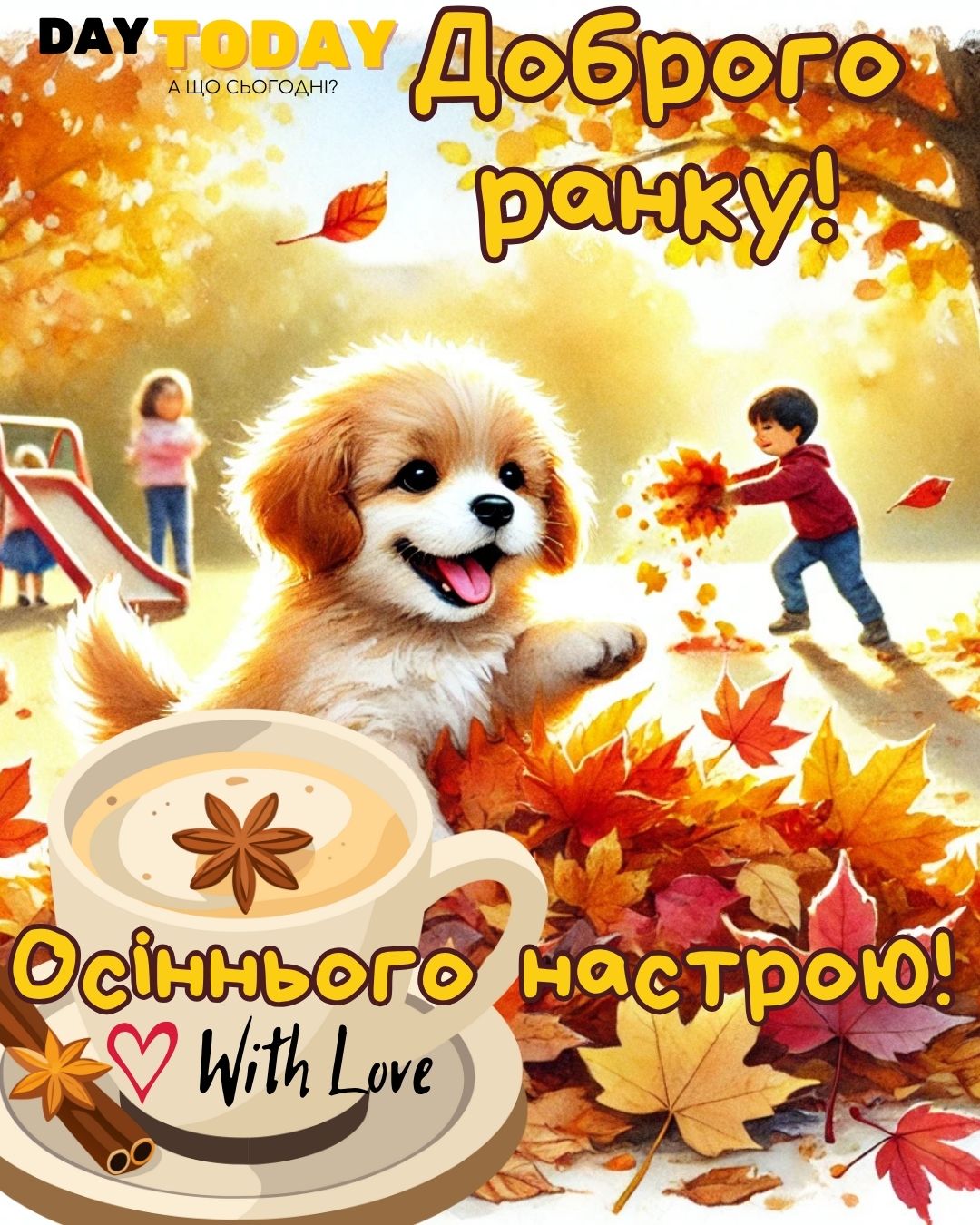 Доброго ранку! Осінніх вихідних! картинка з чашкою кави, собачкою та осінніми листочками | Вітальна листівка - Доброго ранку - Добрий день - Теплі листівки - Осіння листівка