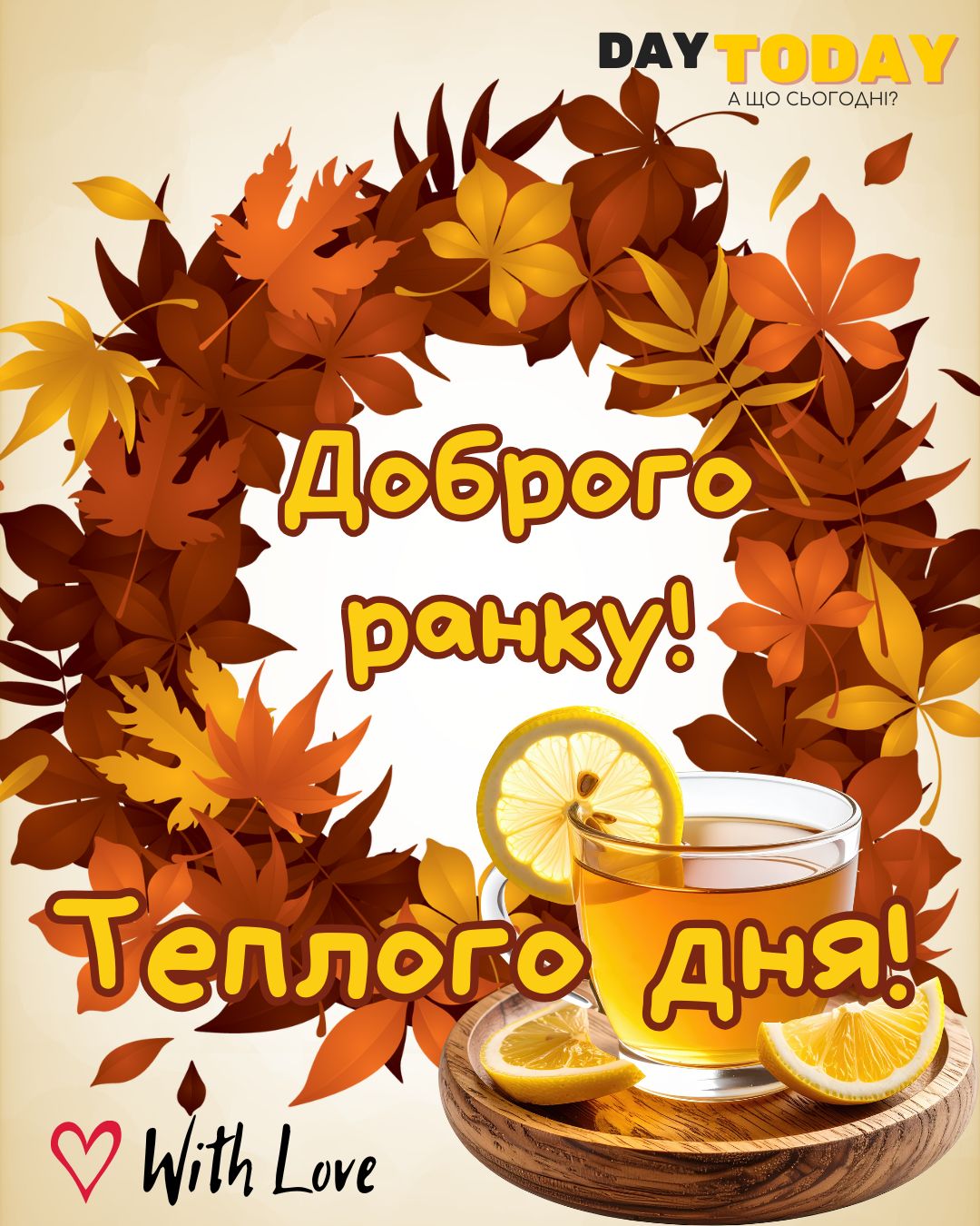 Доброго ранку! Теплого дня! картинка з чашкою чаю з лимоном та осінніми листочками | Вітальна листівка - Доброго ранку - Добрий день - Теплі листівки - Осіння листівка