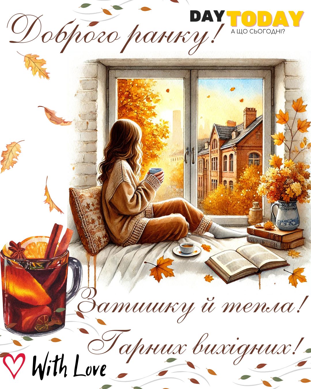 Доброго ранку! Затишкуй тепла! Гарних вихідних! картинка з чашкою, книгами та осінніми листочками на підвіконні | Вітальна листівка - Доброго ранку - Добрий день - Теплі листівки - Осіння листівка