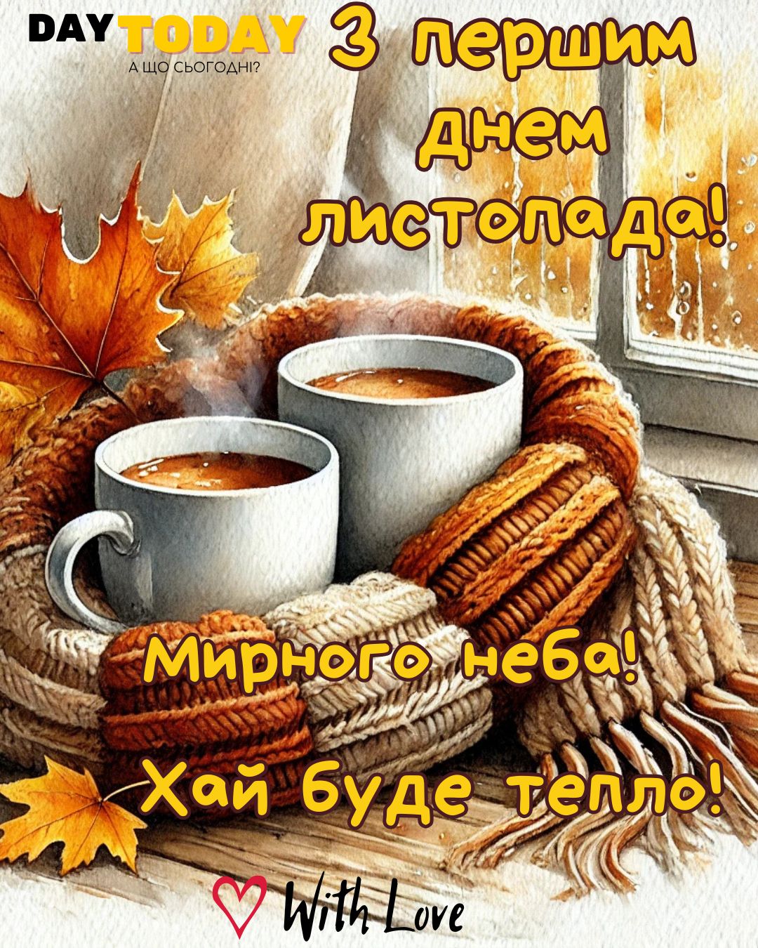 З першим днем листопада! Хай буде тепло! картинка на перший день листопада з чашками кави, шарфиком та осінніми листочками | Вітальна листівка - Теплі листівки - Осіння листівка - Листівка на перший день листопада