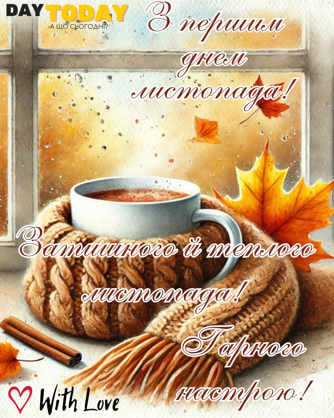 З першим днем листопада! Затишного й теплого листопада! Гарного настрою! картинка на перший день листопада з чашкою кави та осінніми листочками | Вітальна листівка - Теплі листівки - Осіння листівка - Листівка на перший день листопада