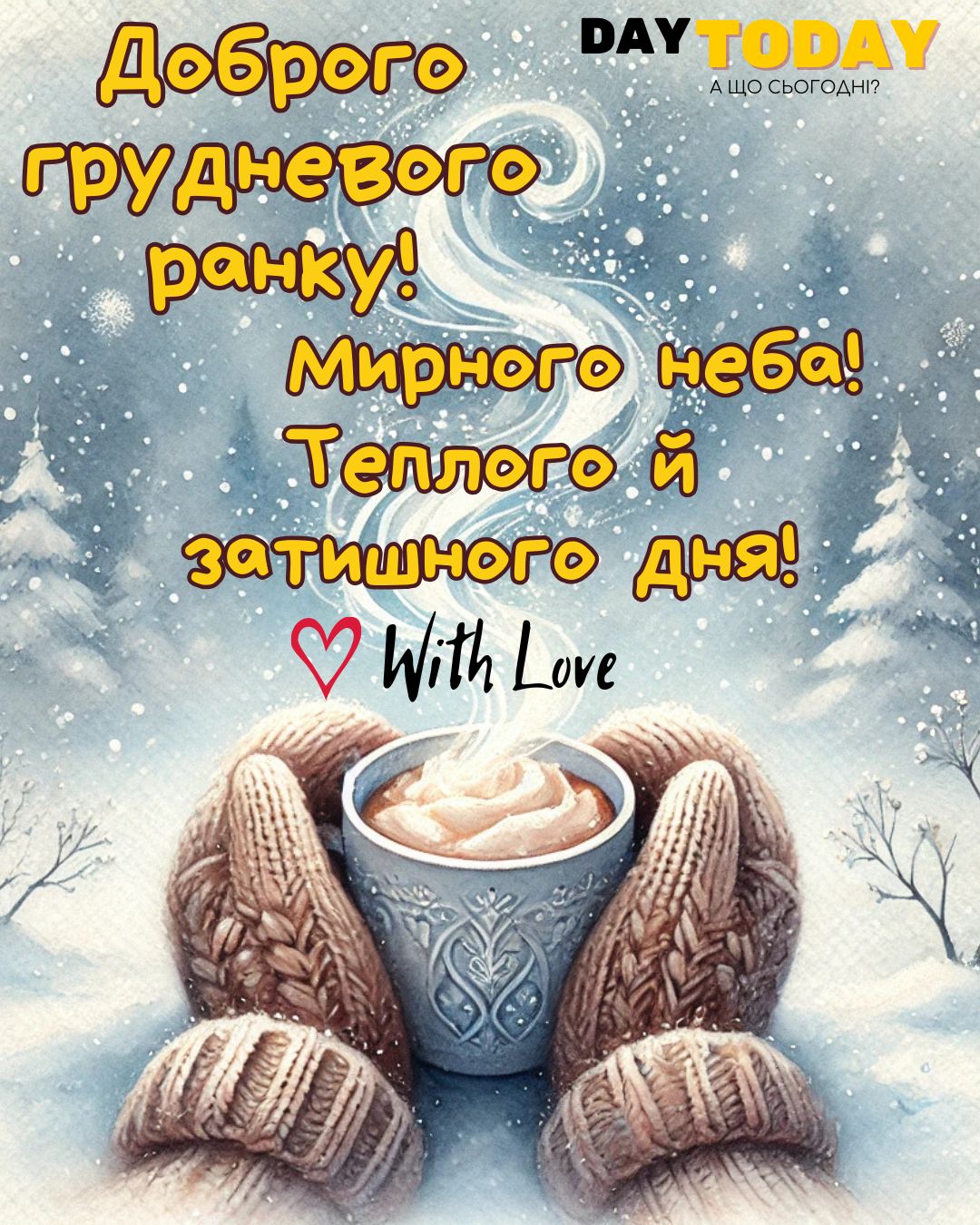 Доброго грудневого ранку! Теплого й затишного дня! картинка з чашкою кави у руках у рукавичках, зимова листівка | Вітальна листівка - Доброго ранку - Добрий день - Теплі листівки - Зимові листівки