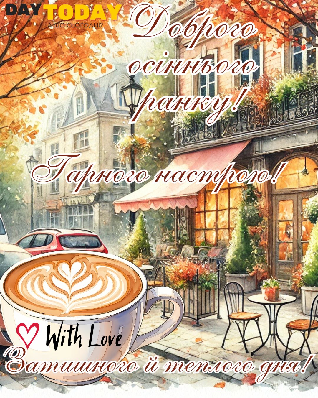 Доброго осіннього ранку! Гарного настрою! Затишного й теплого дня! картинка з чашкою кави у місті та осінніми деревами | Вітальна листівка - Доброго ранку - Добрий день - Теплі листівки - Осіння листівка
