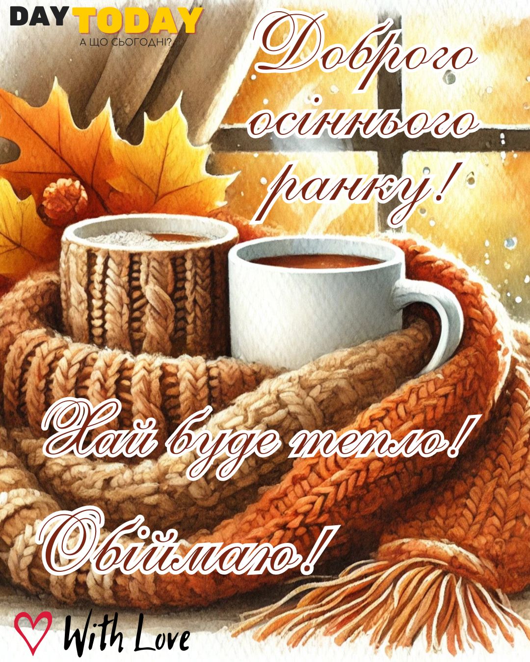 Доброго осіннього ранку! Хай буде тепло! Обіймаю! картинка з чашками кави у шарфику та осінніми листочками | Вітальна листівка - Доброго ранку - Добрий день - Теплі листівки - Осіння листівка