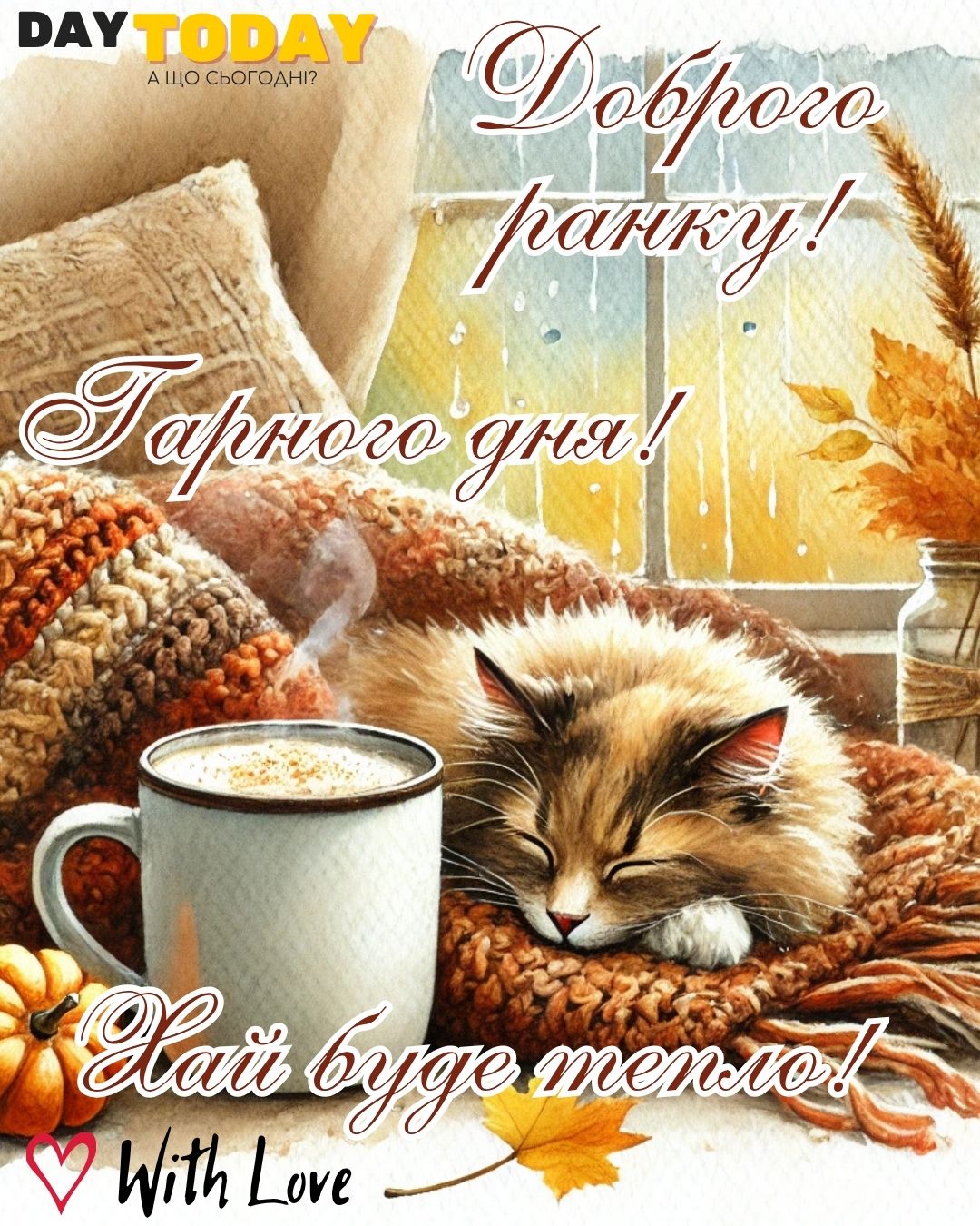 Доброго ранку! Гарного дня! Хай буде тепло! картинка з чашкою кави, котиком, шарфиком та осінніми листочками | Вітальна листівка - Доброго ранку - Добрий день - Теплі листівки - Осіння листівка