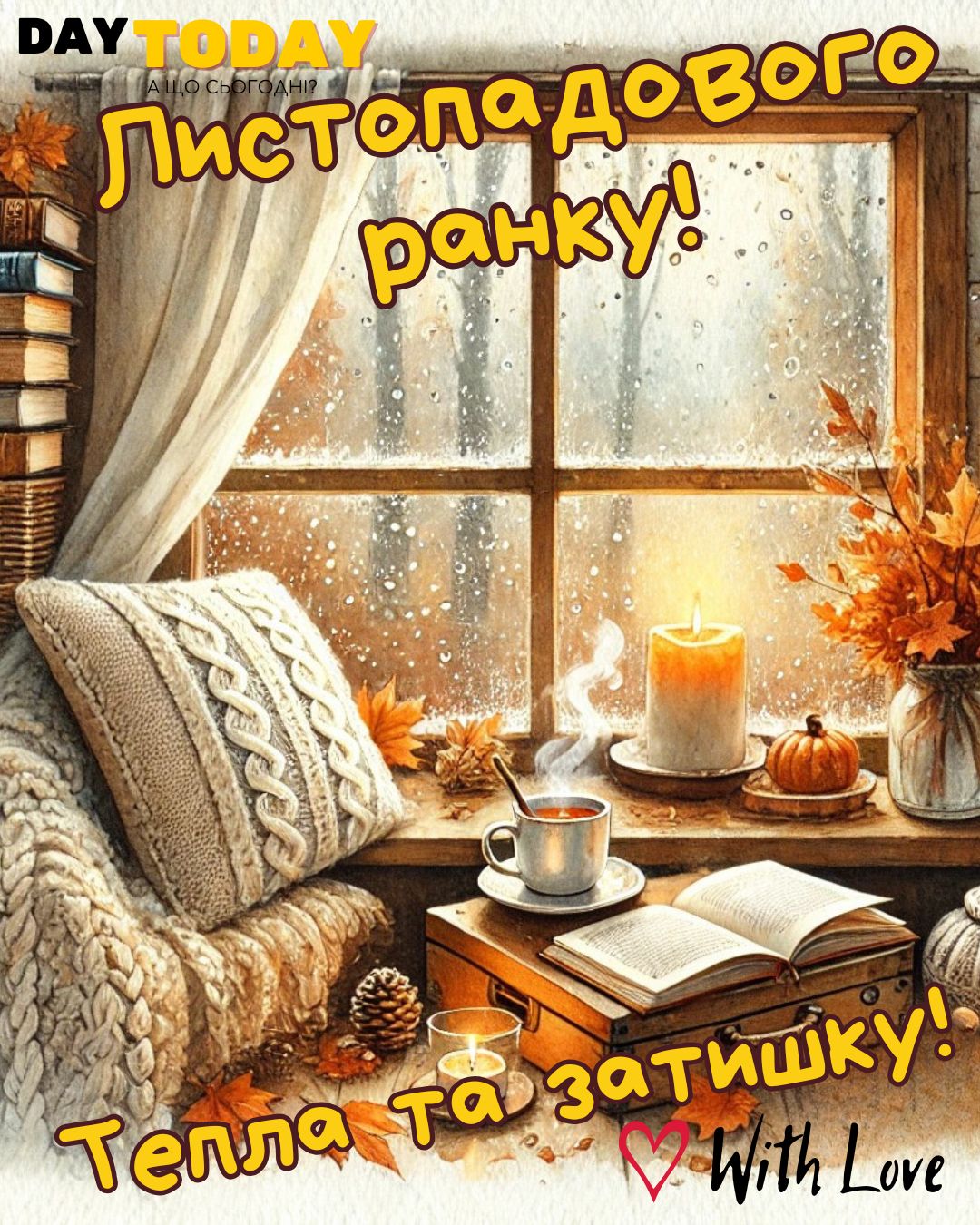 Листопадового ранку! Тепла та затишку! картинка з чашкою, книгами та осінніми листочками | Вітальна листівка - Доброго ранку - Добрий день - Теплі листівки - Осіння листівка - Листівка на перший день листопада