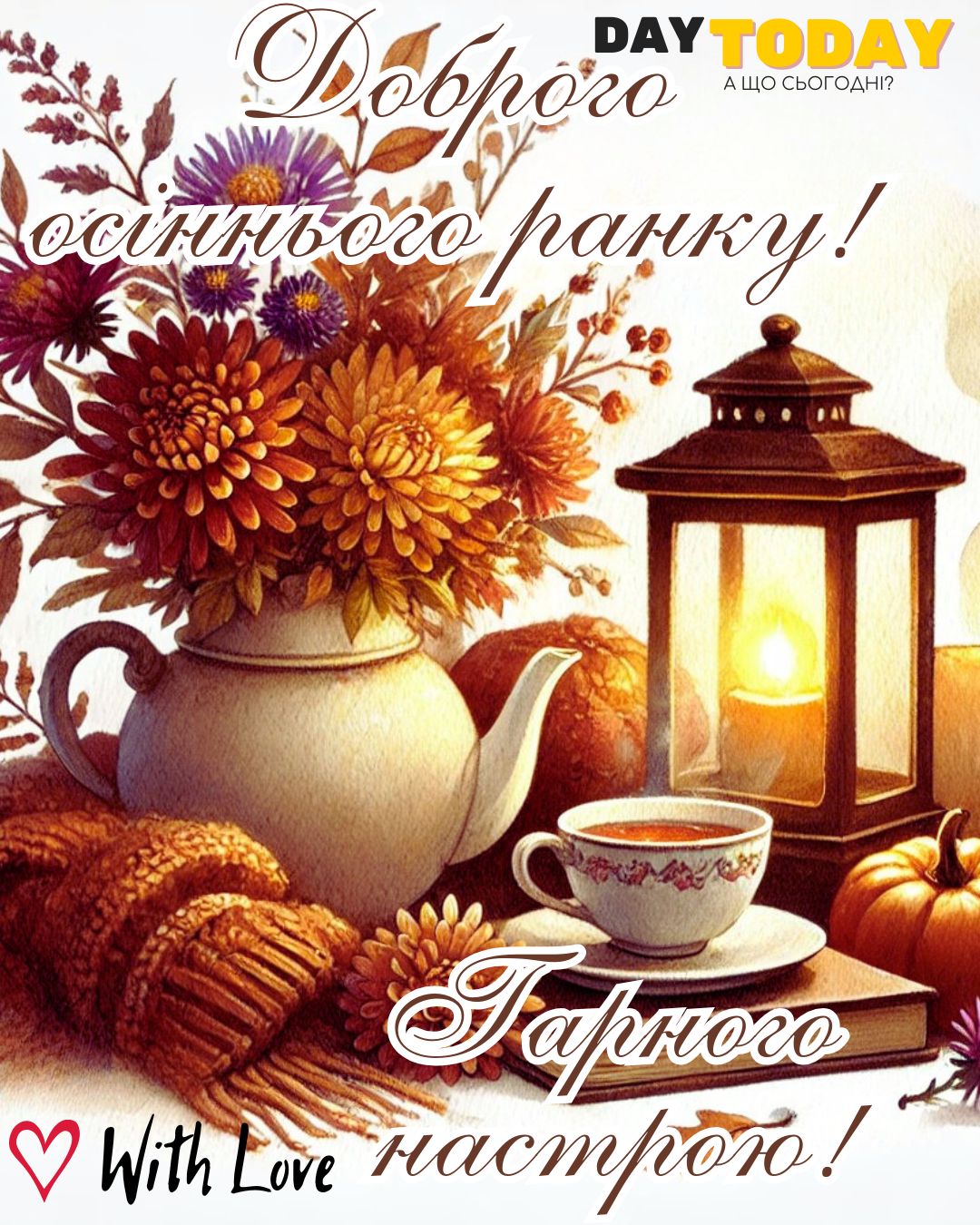 Доброго осіннього ранку! Гарного настрою! картинка з чашкою, книгами та осінніми листочками | Вітальна листівка - Доброго ранку - Добрий день - Теплі листівки - Осіння листівка