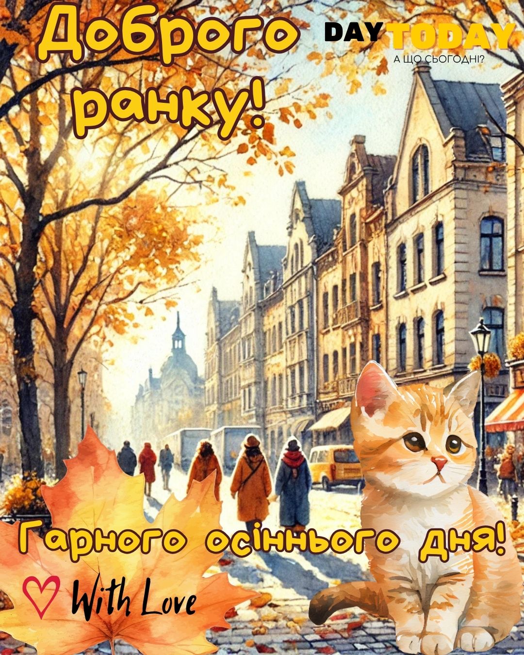 Доброго ранку! Гарного осіннього дня! картинка з котиком на осінній вулиці | Вітальна листівка - Доброго ранку - Добрий день - Теплі листівки - Осіння листівка