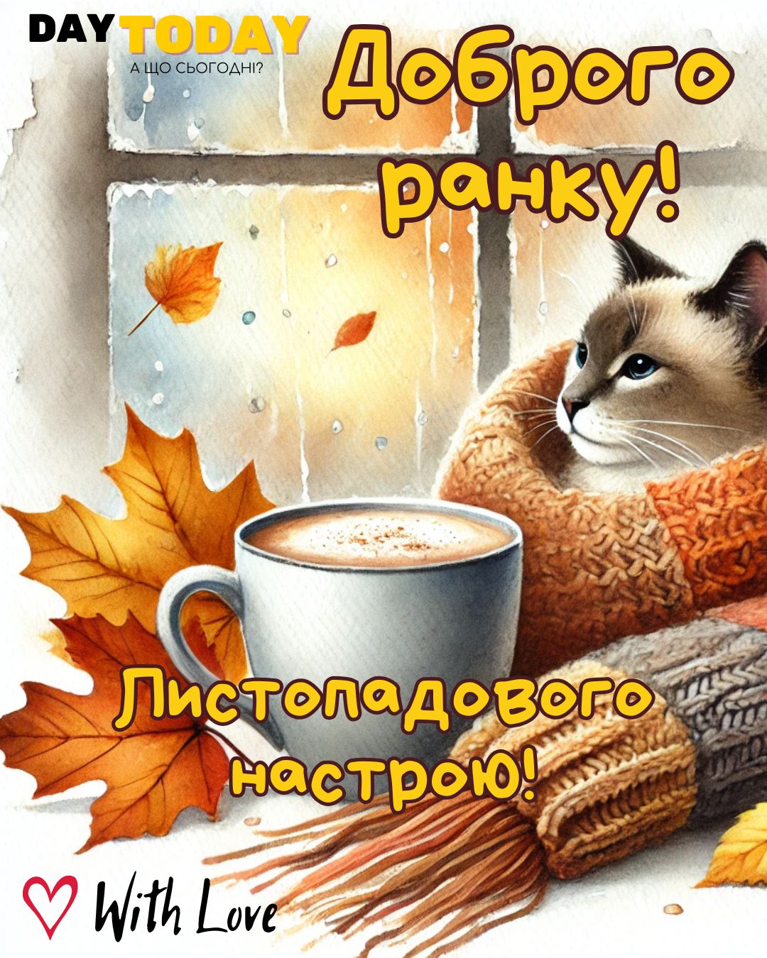 Доброго ранку! Листопадового настрою! картинка з чашкою кави, котиком у шарфику та осінніми листочками | Вітальна листівка - Доброго ранку - Добрий день - Теплі листівки - Осіння листівка - Листівка на перший день листопада