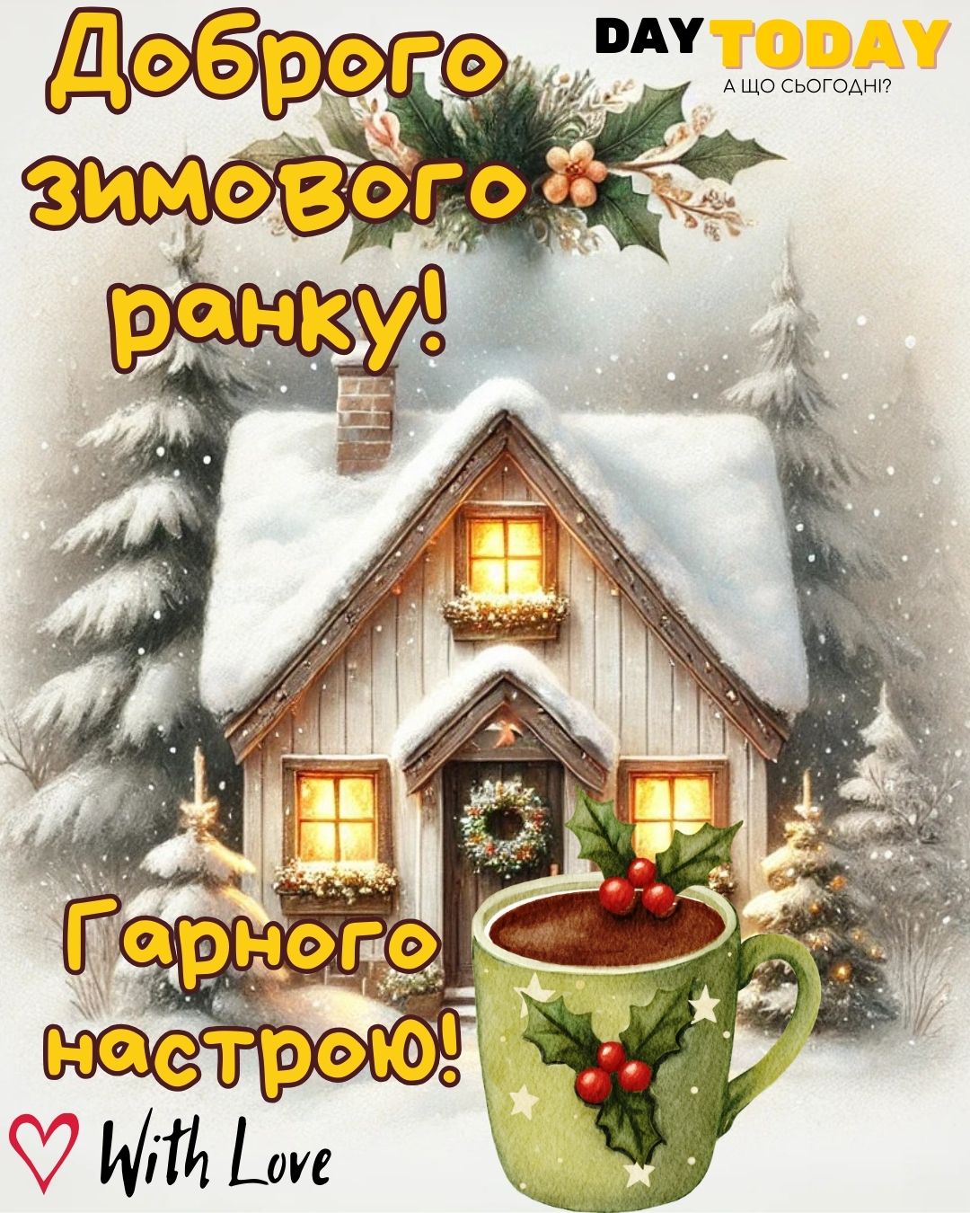 Доброго зимового ранку! Гарного настрою! картинка з чашкою кави та будиночком у снігу, зимова листівка | Вітальна листівка - Доброго ранку - Добрий день - Теплі листівки - Зимові листівки