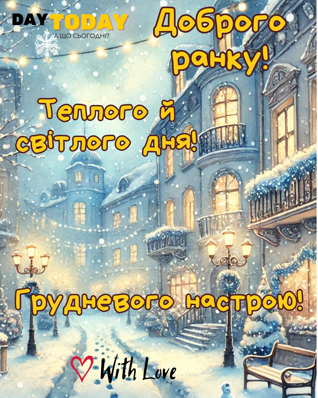 Доброго ранку! Теплого й світлого дня! Грудневого настрою! картинка із зимовою вулицею, зимова листівка | Вітальна листівка - Доброго ранку - Добрий день - Теплі листівки - Зимові листівки
