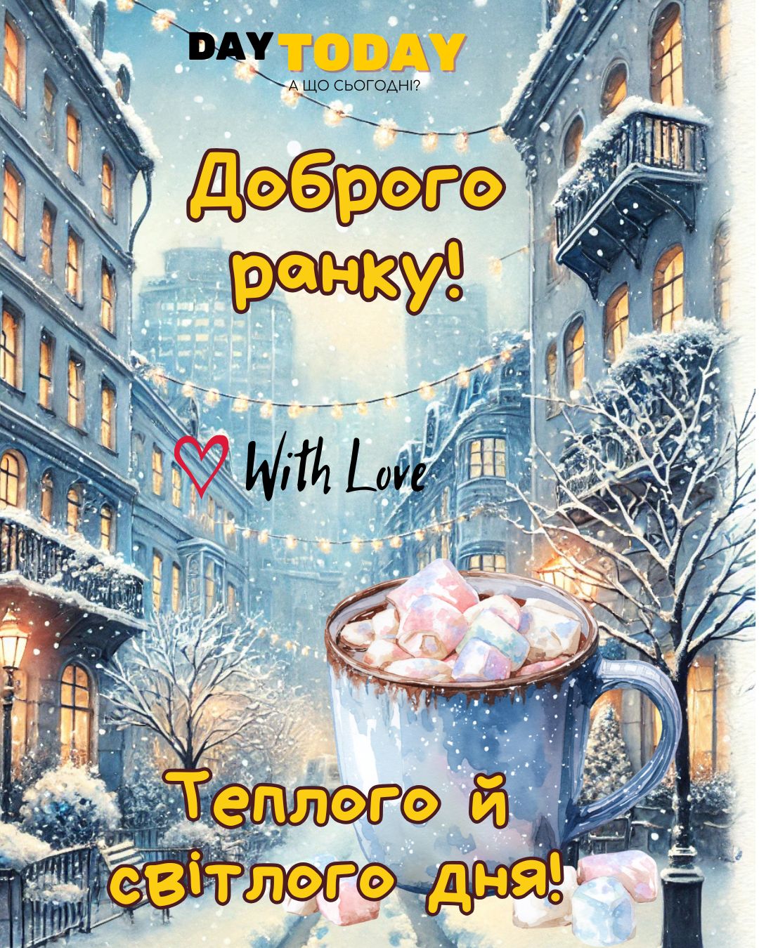 Доброго ранку! Теплого й світлого дня! картинка з чашкою кави, зимова листівка | Вітальна листівка - Доброго ранку - Добрий день - Теплі листівки - Зимові листівки