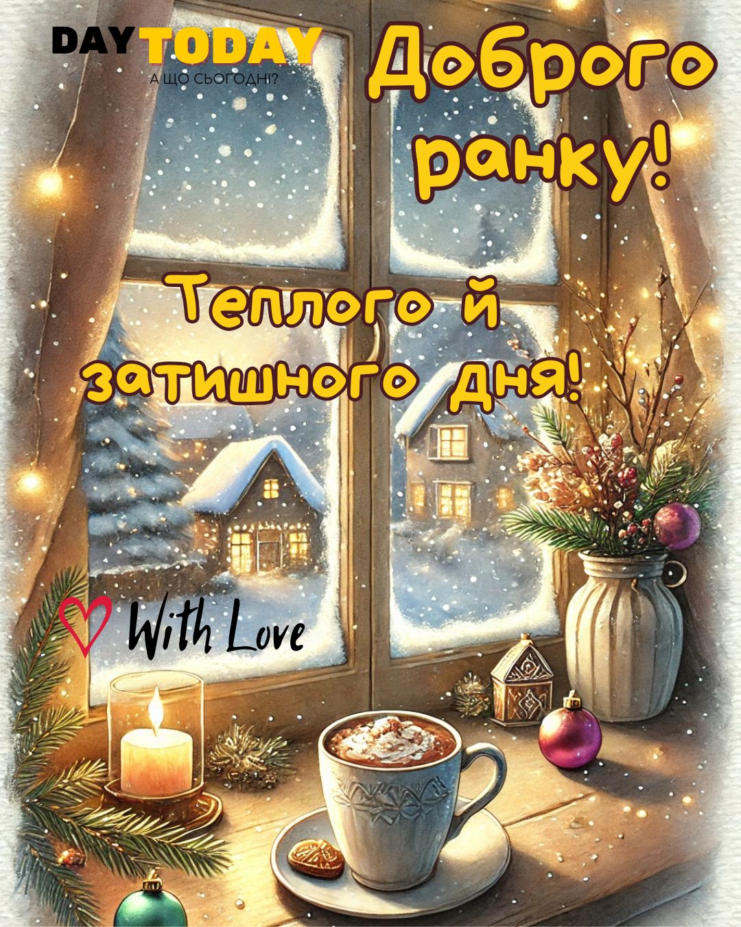 Доброго ранку! Теплого й затишного дня! картинка з чашкою кави на підвіконні, зимова листівка | Вітальна листівка - Доброго ранку - Добрий день - Теплі листівки - Зимові листівки
