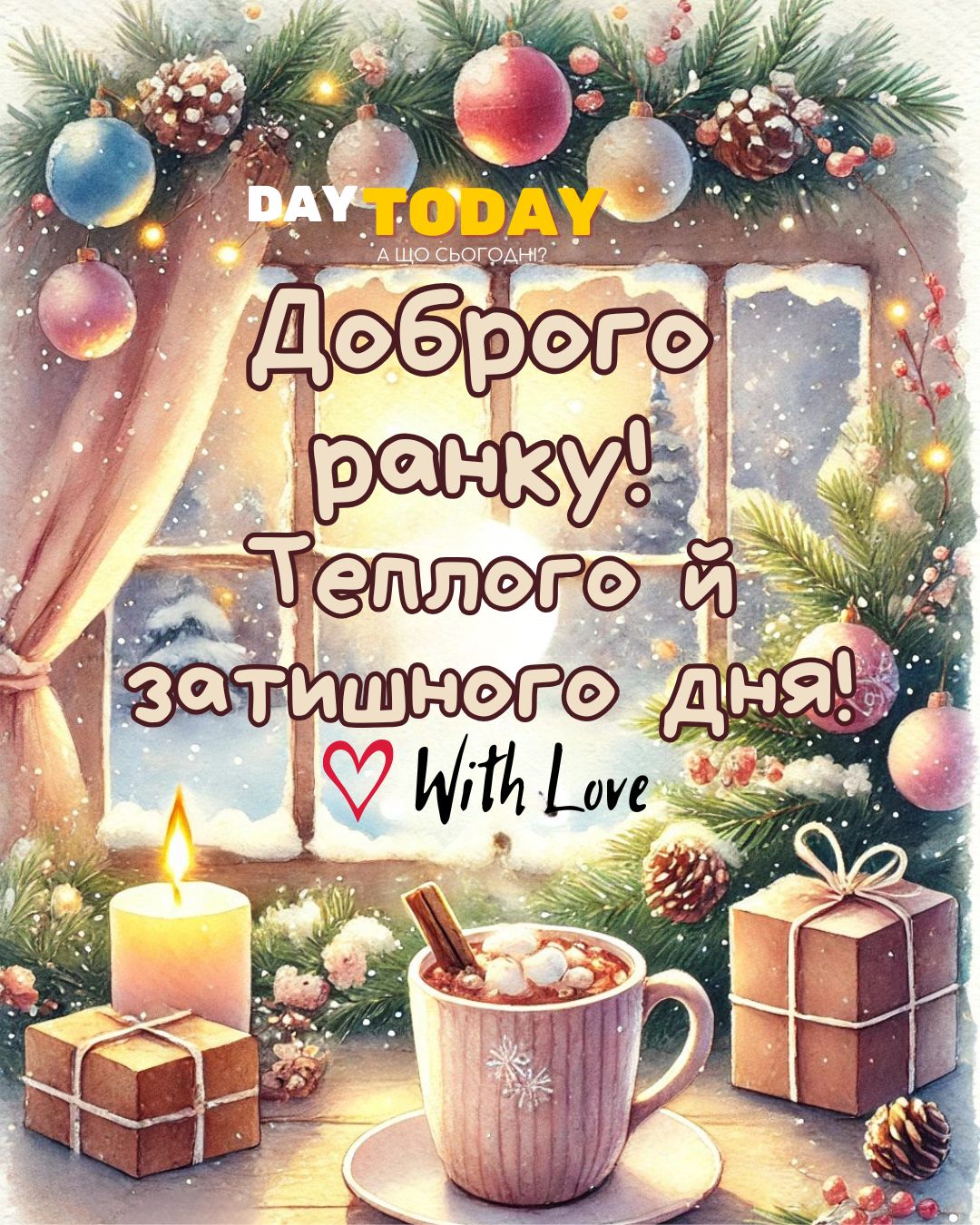 Доброго ранку! Теплого й затишного дня! картинка з чашкою кави на підвіконні, різдяна зимова листівка | Вітальна листівка - Доброго ранку - Добрий день - Теплі листівки - Зимові листівки