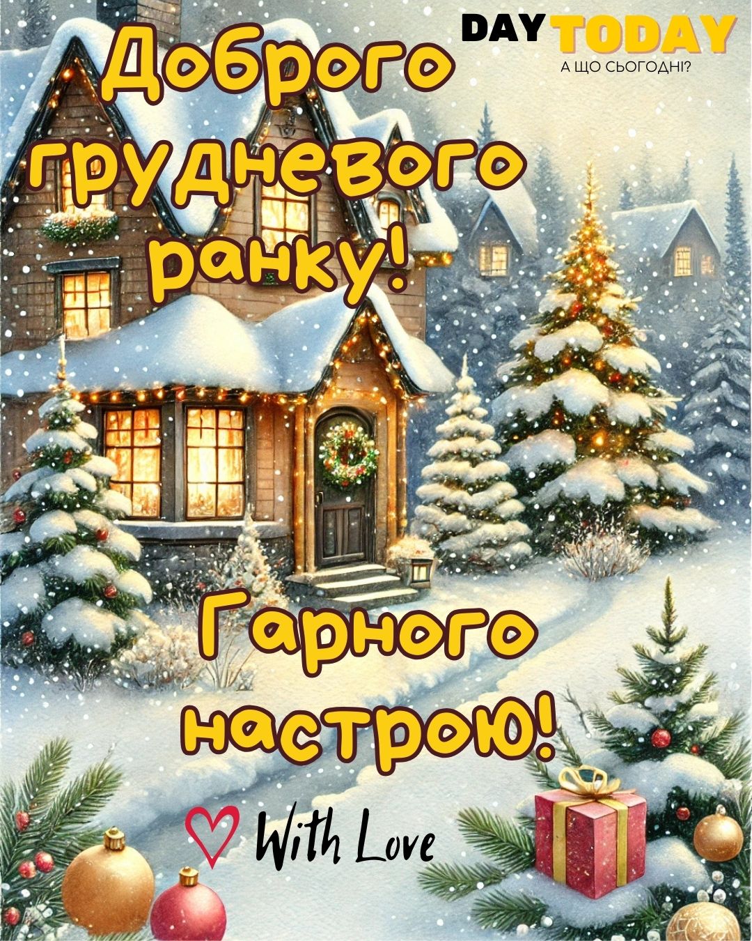 Доброго грудневого ранку! Гарного настрою! зимова картинка з хатинкою, ялинкою, снігом, зимова листівка | Вітальна листівка - Доброго ранку - Добрий день - Теплі листівки - Зимові листівки