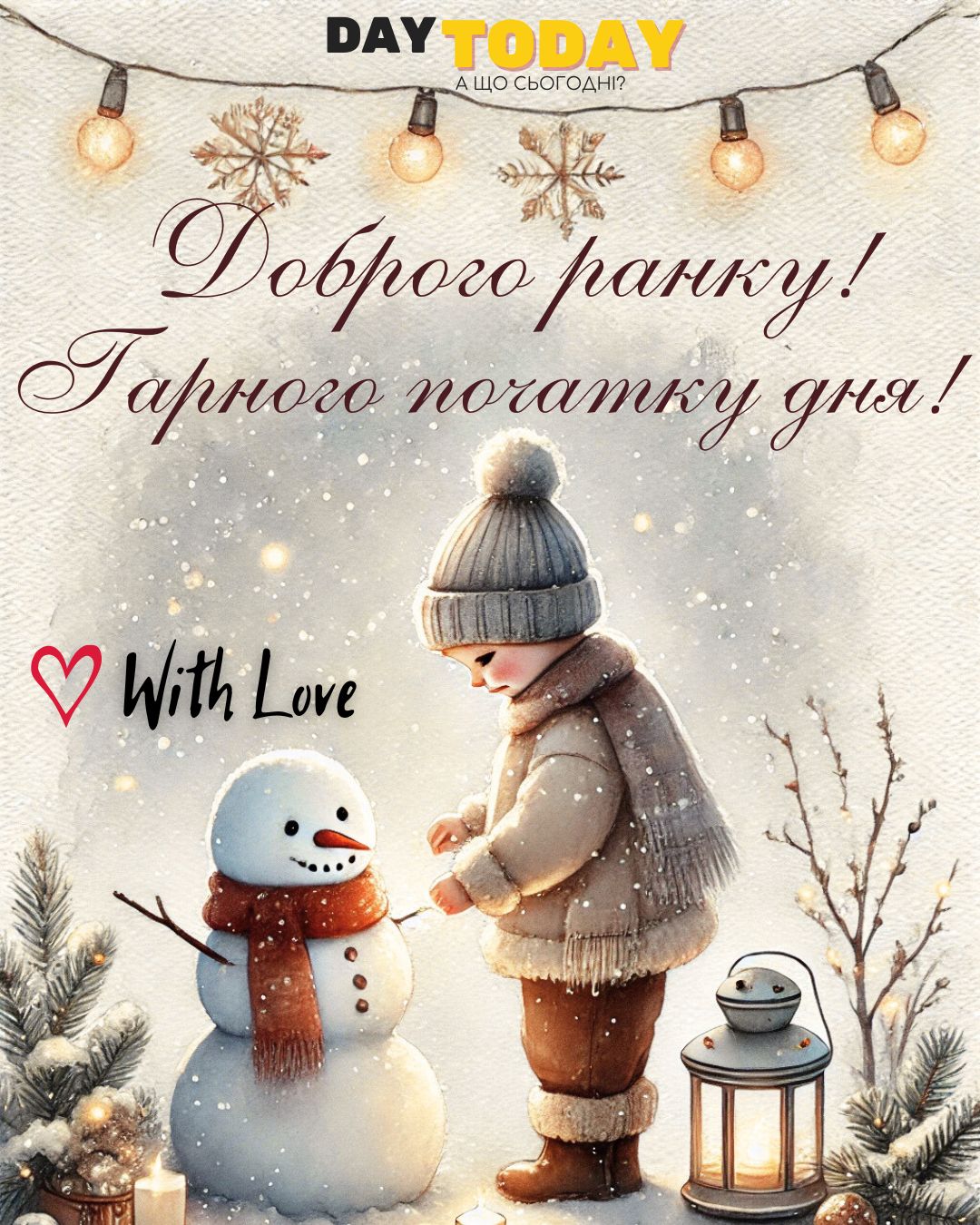 Доброго ранку! Гарного початку дня! картинка з дитинкою та сніговиком, зимова листівка | Вітальна листівка - Доброго ранку - Добрий день - Теплі листівки - Зимові листівки