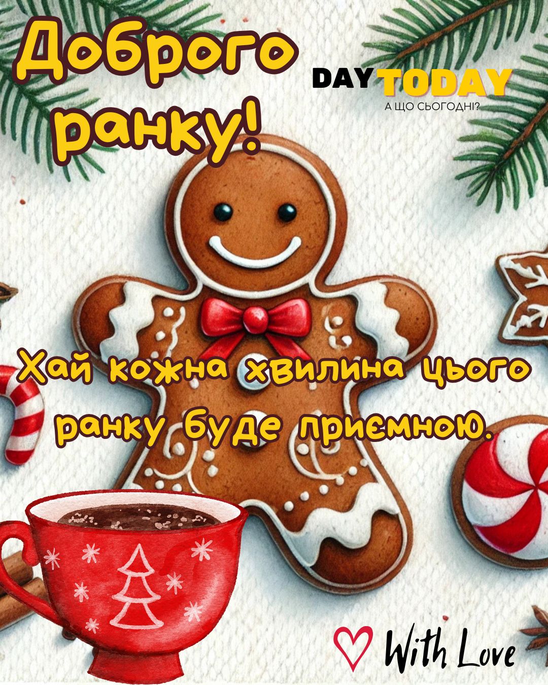 Доброго ранку! Хай кожна хвилина цього ранку буде приємною! картинка з чашкою та різдвяним печивом, зимова листівка | Вітальна листівка - Доброго ранку - Добрий день - Теплі листівки - Зимові листівки