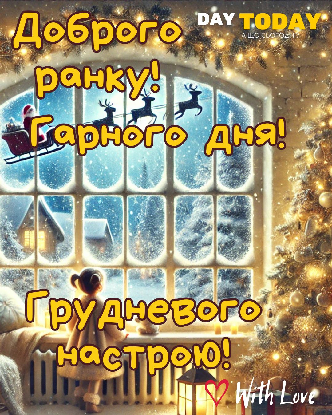 Доброго ранку! Гарного дня! Грудневого настрою! картинка з дитинкою біля ялинки, що дивиться на Санту у вікно, зимова листівка | Вітальна листівка - Доброго ранку - Добрий день - Теплі листівки - Зимові листівки