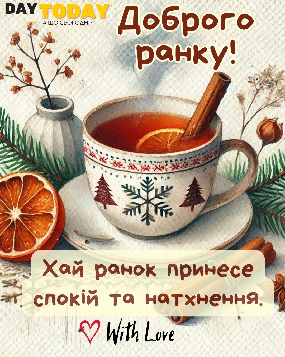 Доброго ранку! Нехай ранок принесе спокій і натхнення! картинка з чашкою чаю, зимова листівка | Вітальна листівка - Доброго ранку - Добрий день - Теплі листівки - Зимові листівки