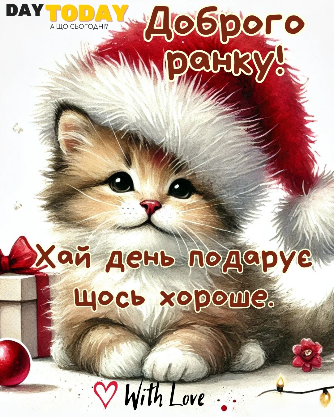 Доброго ранку! Хай день подарує щось хороше! картинка з котиком у різдвяній шапочці, зимова листівка | Вітальна листівка - Доброго ранку - Добрий день - Теплі листівки - Зимові листівки