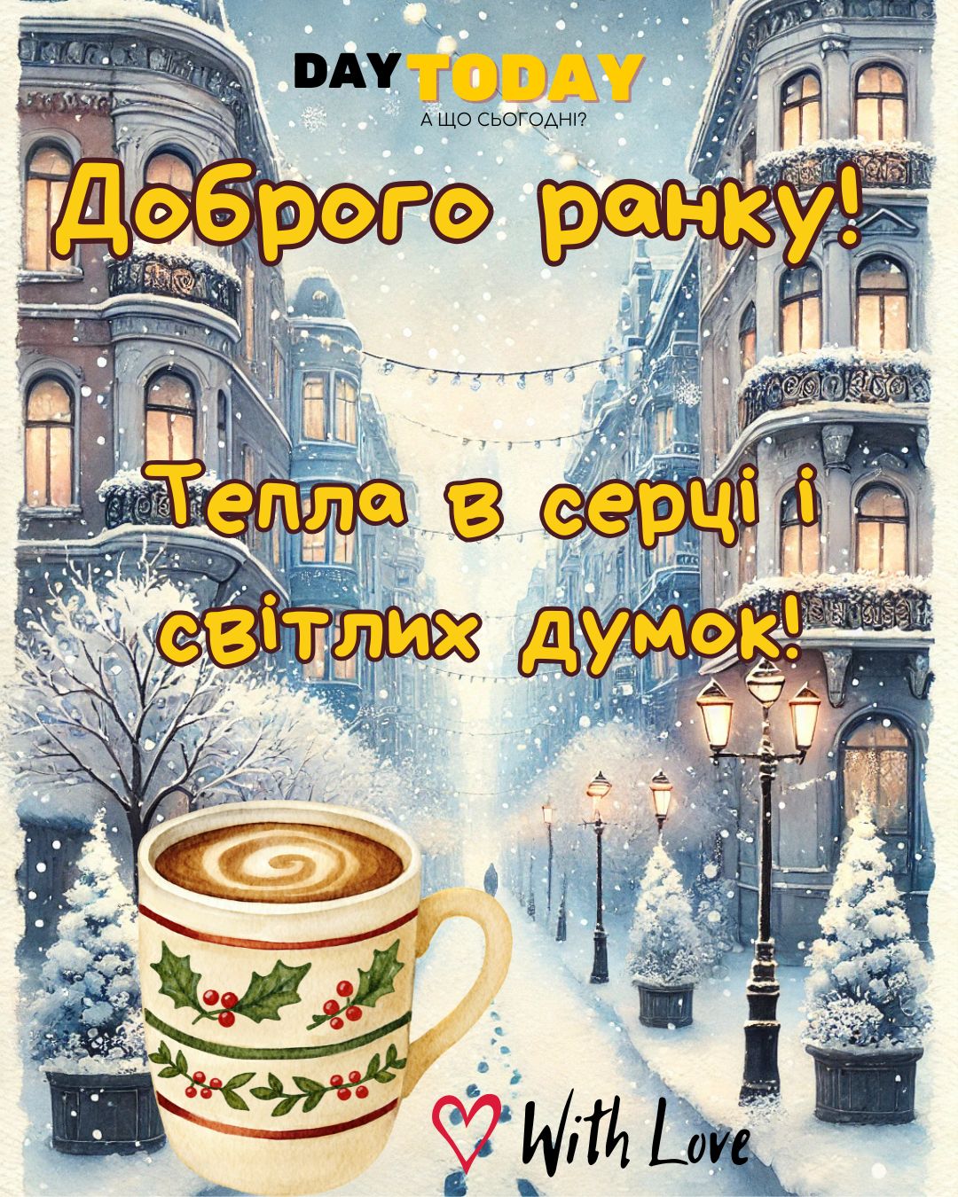 Доброго ранку! Тепла в серці і світлих думок! картинка з чашкою кави та засніженою вулицею міста, зимова листівка | Вітальна листівка - Доброго ранку - Добрий день - Теплі листівки - Зимові листівки