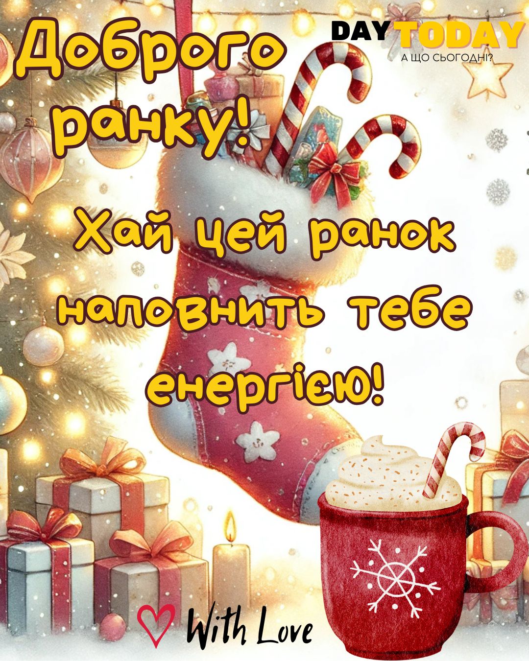Доброго ранку! Хай цей ранок наповнить тебе енергією! картинка з чашкою кави та різдвяною шкарпеткою з подарунками біля ялинки, зимова листівка | Вітальна листівка - Доброго ранку - Добрий день - Теплі листівки - Зимові листівки